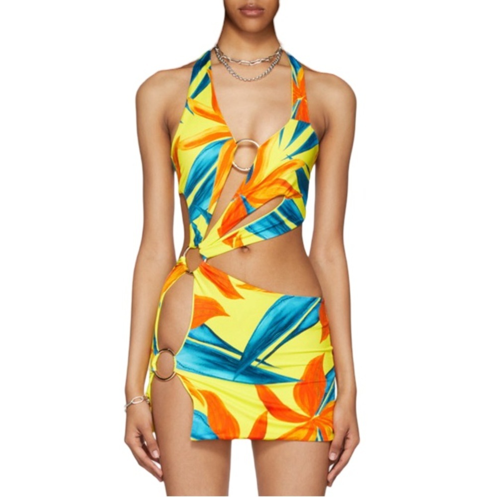 Louisa Ballou Dress Yellow & Blue‎ Sex Wax Cutout Halter Mini Sz L